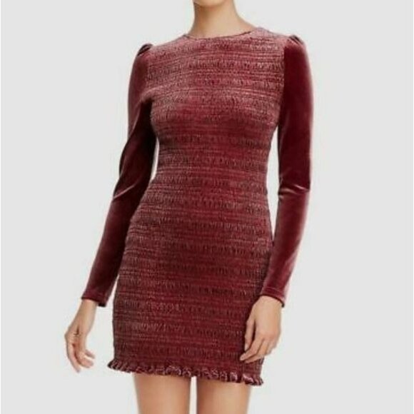 NWT Wine Velvet Smocked Puff Sleeve Mini Dress Size Small - Picture 9 of 9